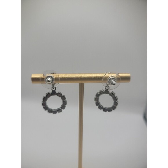 Silver Tone Drop Dangle Pierced Earrings Hoops Purple Crystal Jewelry Costume - Picture 8 of 10